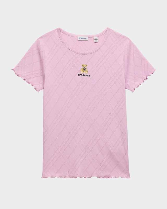 Girl's Penny Bear Short-Sleeve Pointelle T-Shirt, Size 4-14